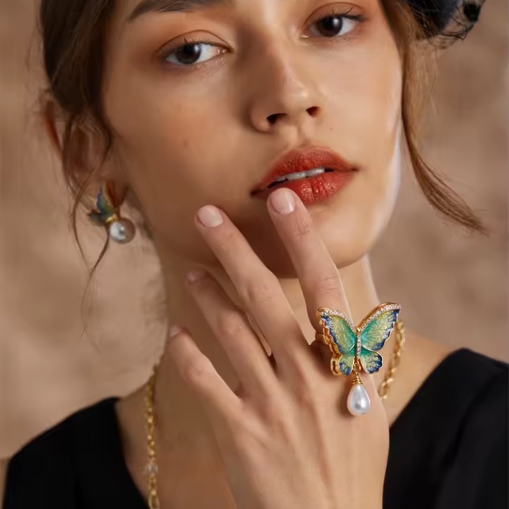 Art Nouveau Butterfly Pearl Jewelry Ring&Earrings Set